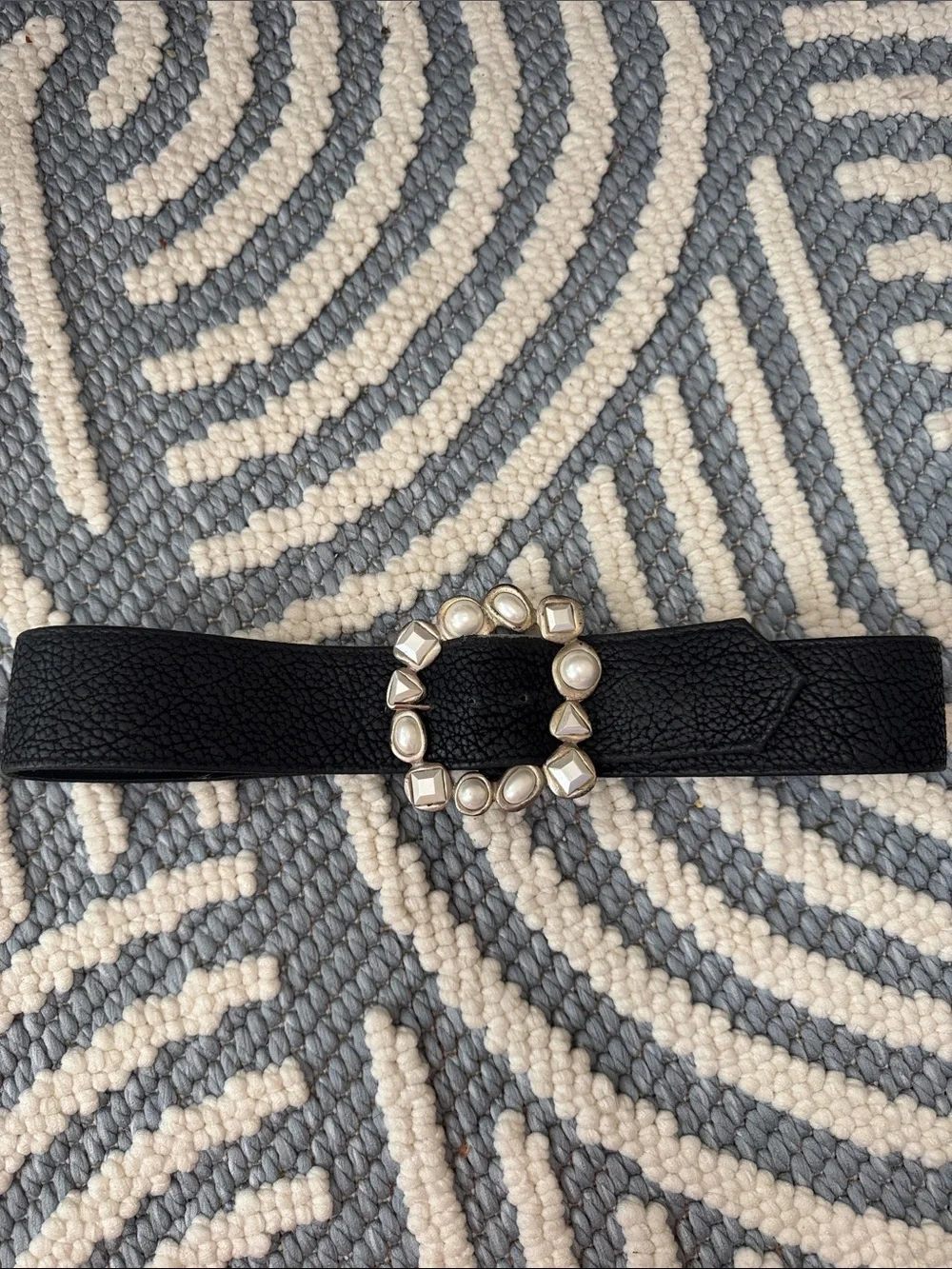 Vintage Ali Miles Statement Belt Faux Pearl Geometric Buckle Black Waist Belt